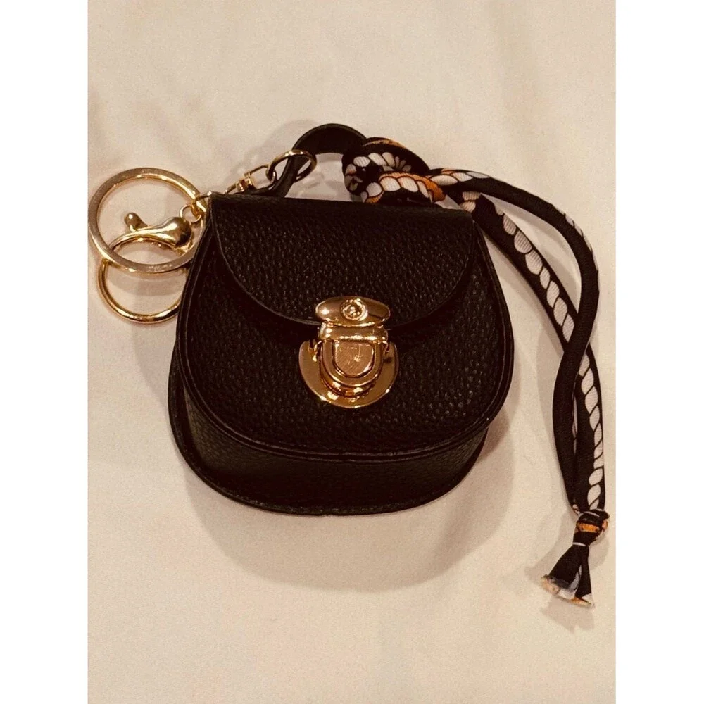 NWT Black Pebbled Mini Saddle Bag Charm Keychain with Twilly Scarf